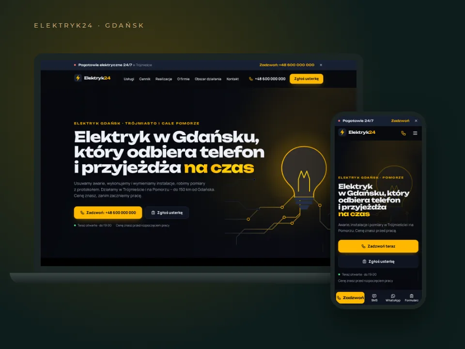 Strona Elektryk24 – elektryk z Gdańska – na laptopie i telefonie