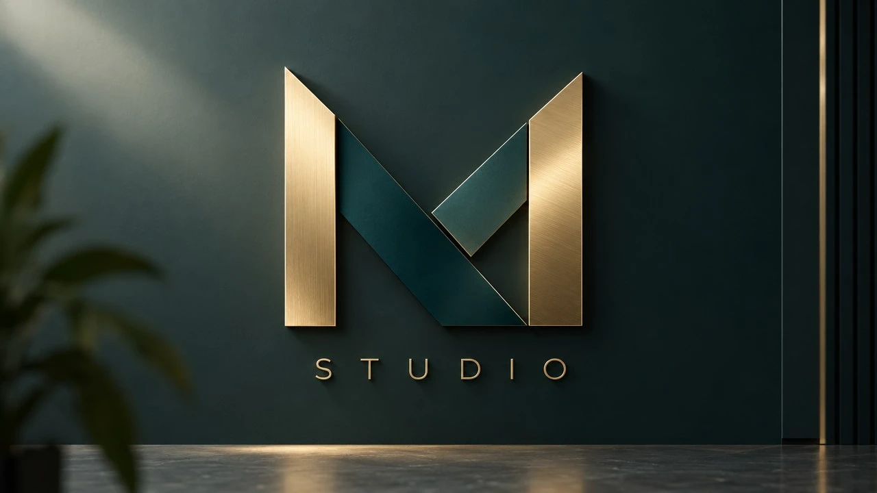 Logo M Studio w złocie i butelkowej zieleni na ciemnej ścianie